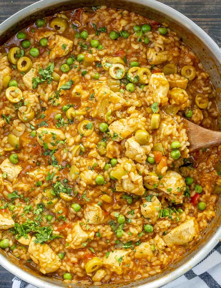 freshly made Asopao de Pollo in a skillet.