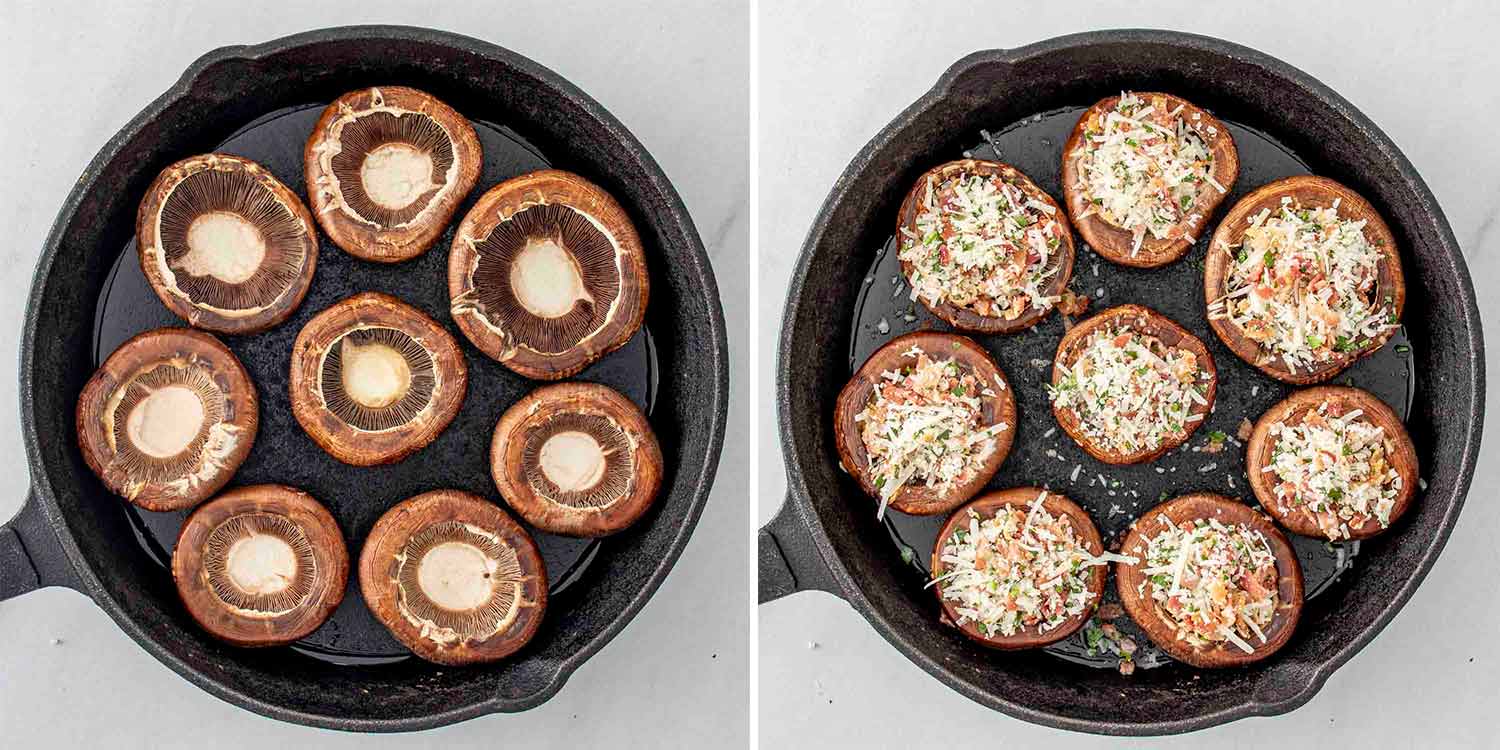 process shots showing how to make bacon stuffed mushrooms.