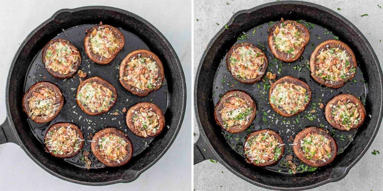 process shots showing how to make bacon stuffed mushrooms.