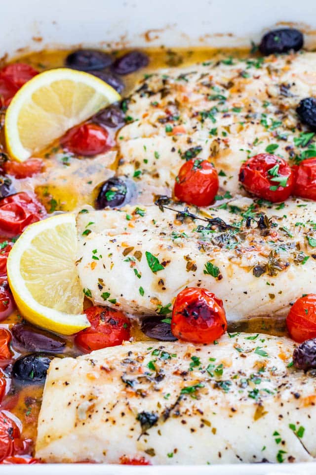 side view shot of baked lemon butter cod