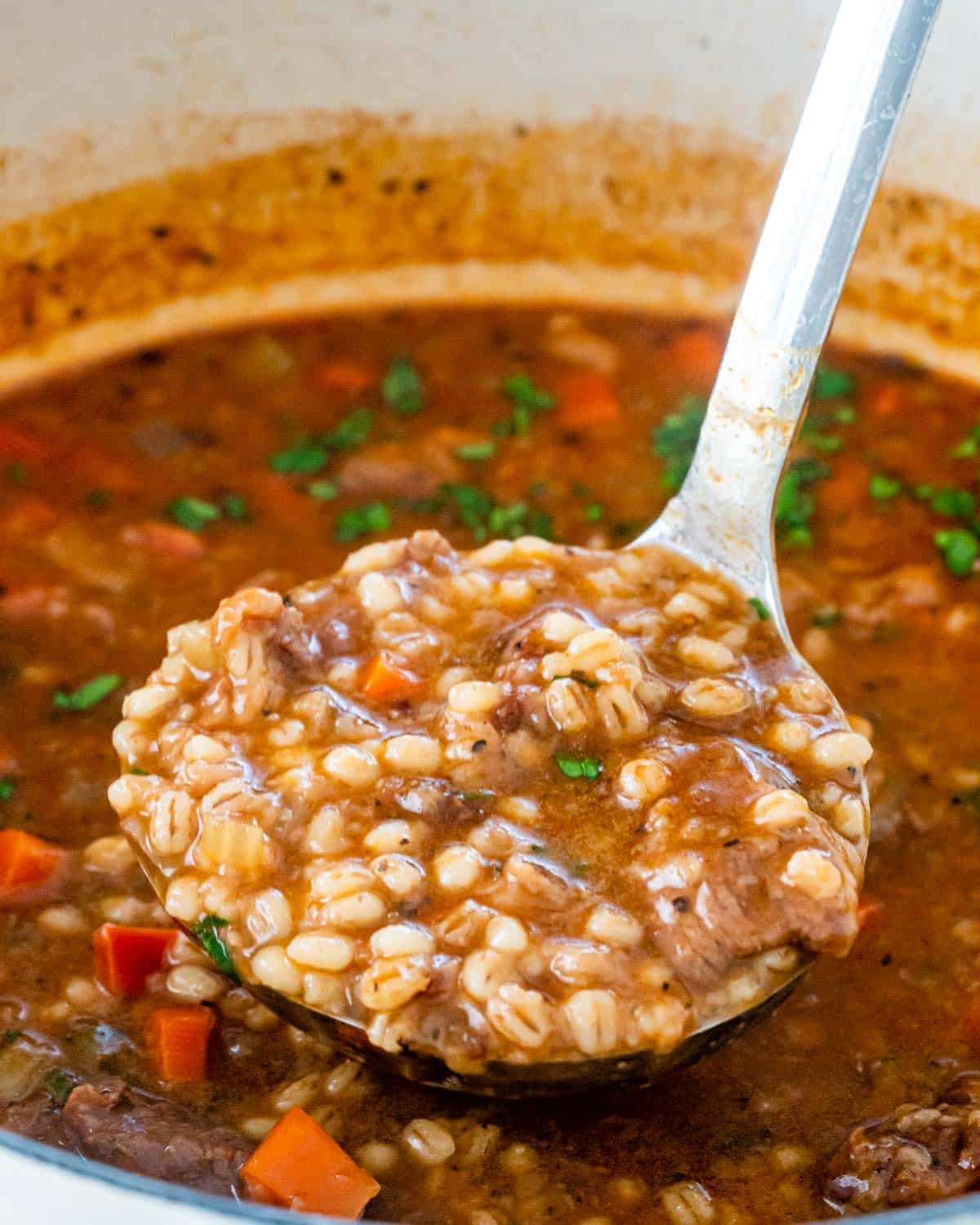 a full ladle in a pot of beef barley soup pot.