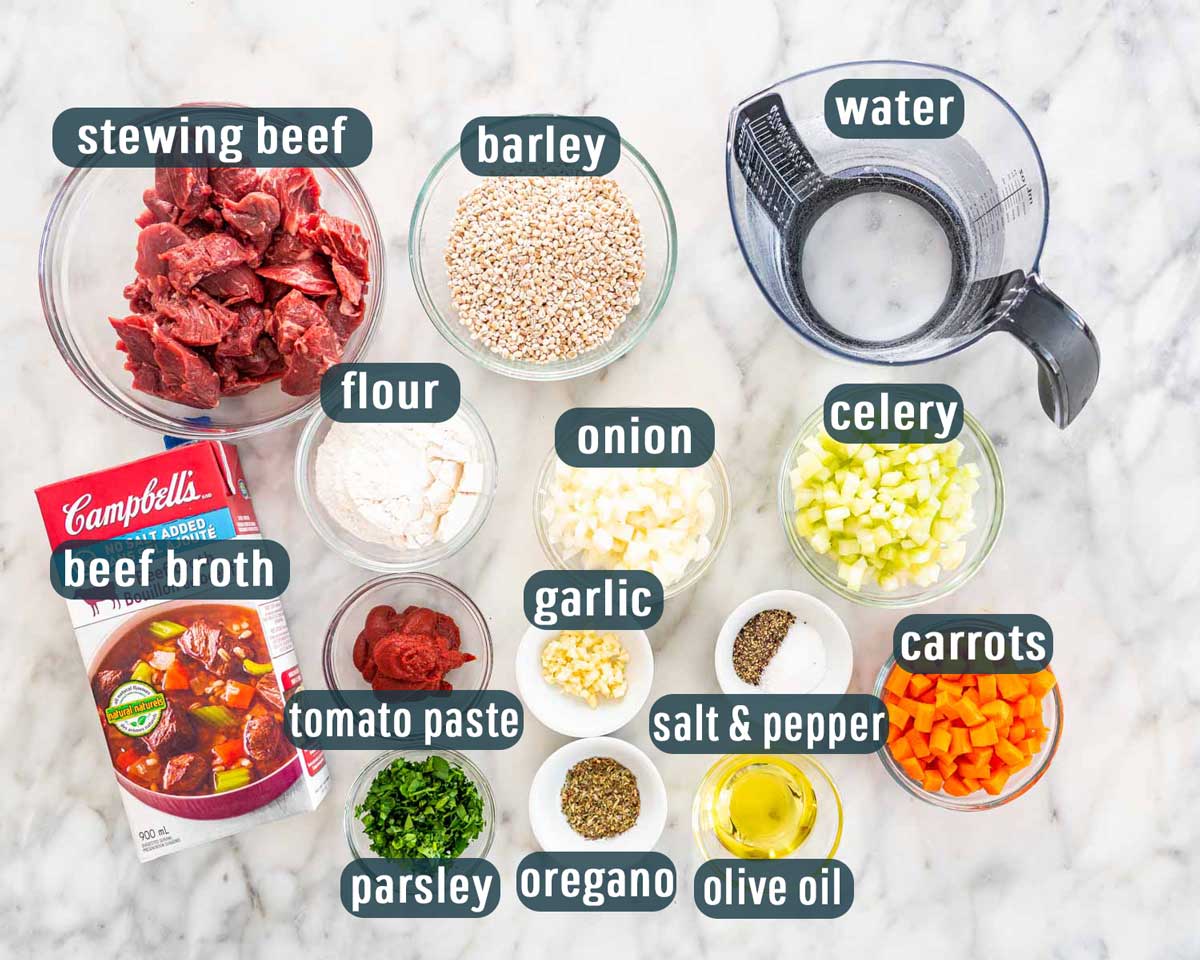 overhead shot of all the ingredients needed to make beef barley soup.