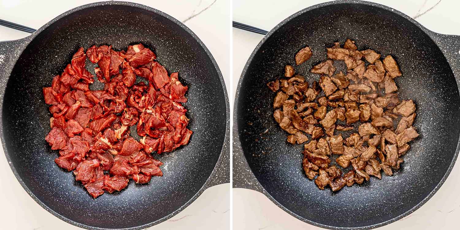 process shots showing how to make beef chow mein.