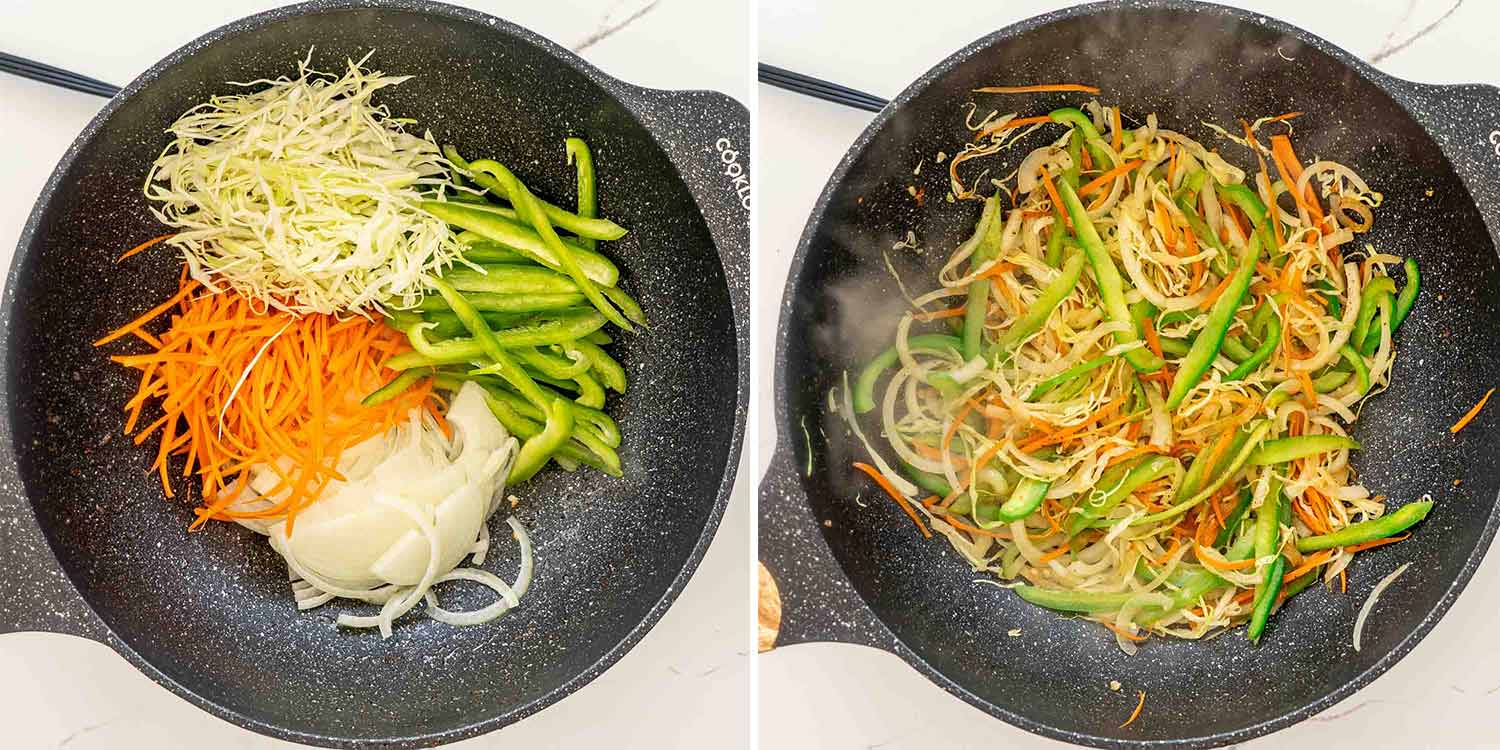 process shots showing how to make beef chow mein.