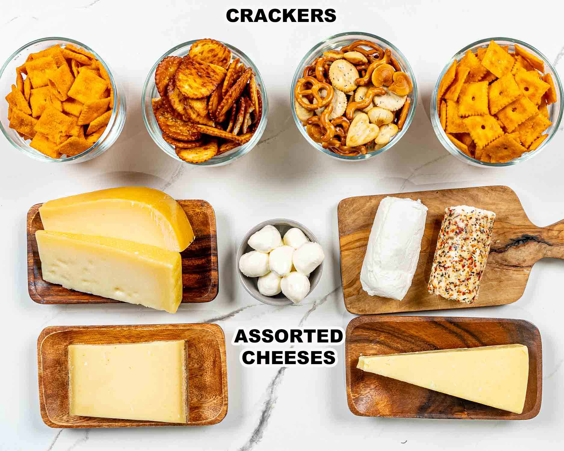 assorted cheeses needed to make a charcuterie board.