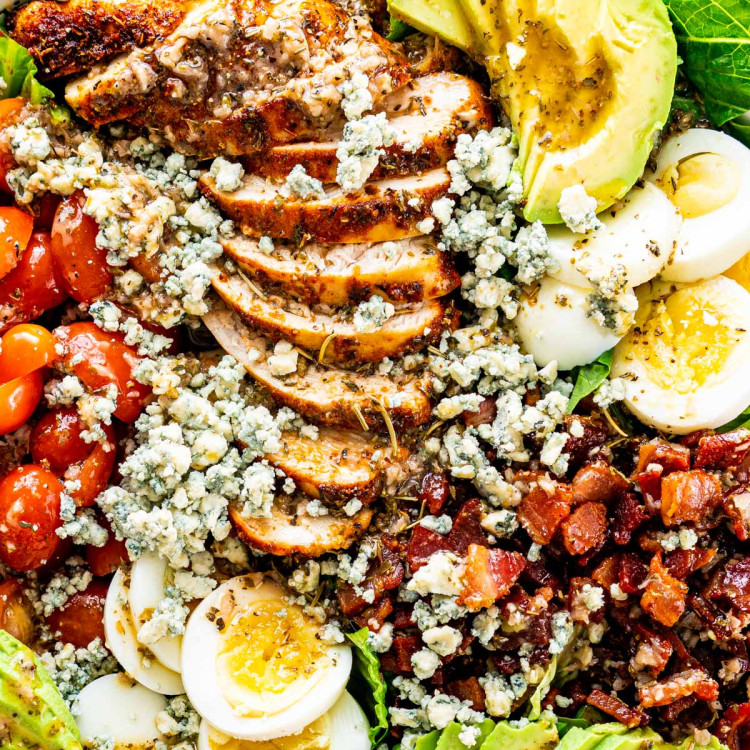 close up overhead shot of cobb salad