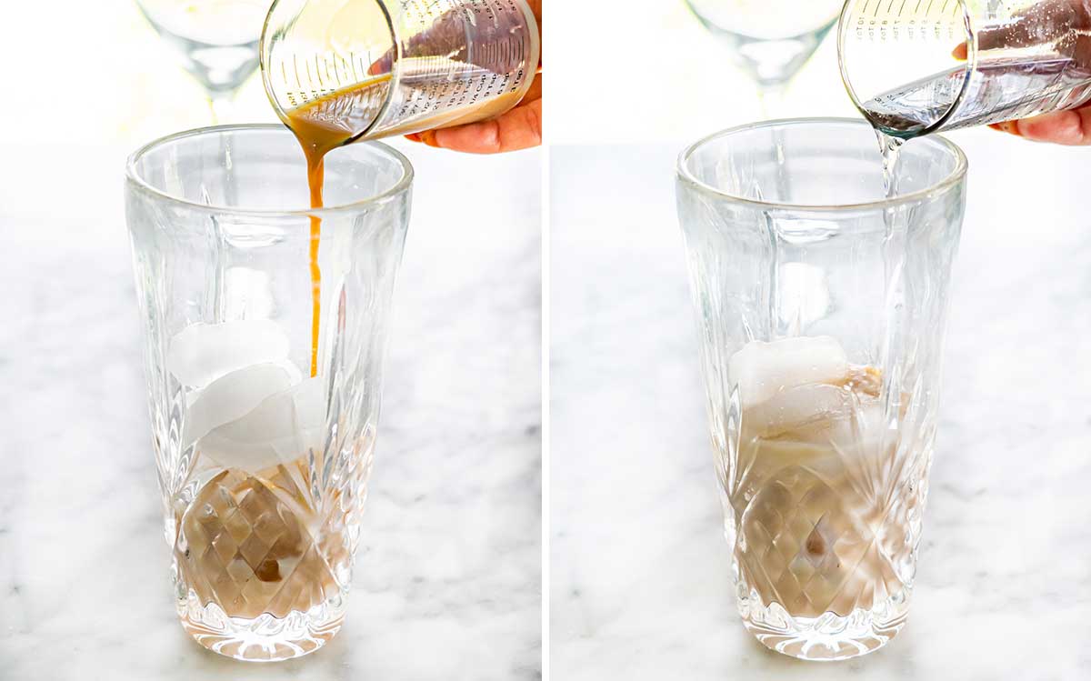 two pouring shots into a cocktail shaker for chocolate martini