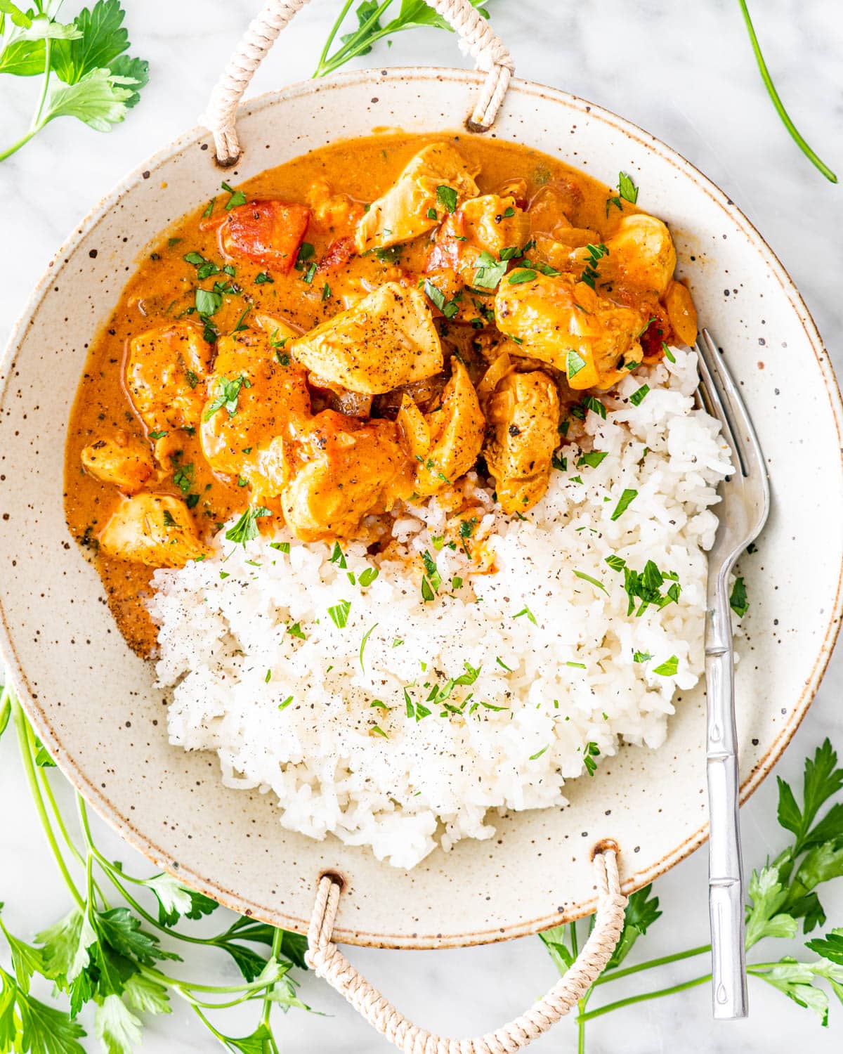 overhead shot of coconut chicken curry with rice in a bowl