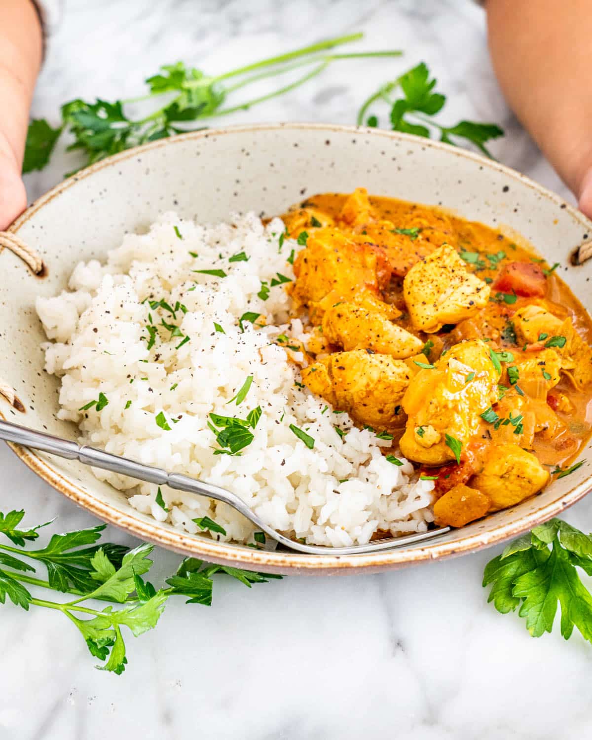 Coconut Chicken Curry in a bowl with rice 