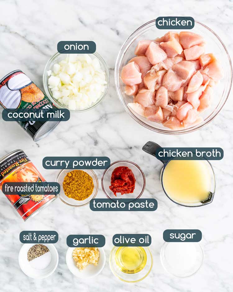 overhead shot of all the ingredients needed to make Coconut Chicken Curry