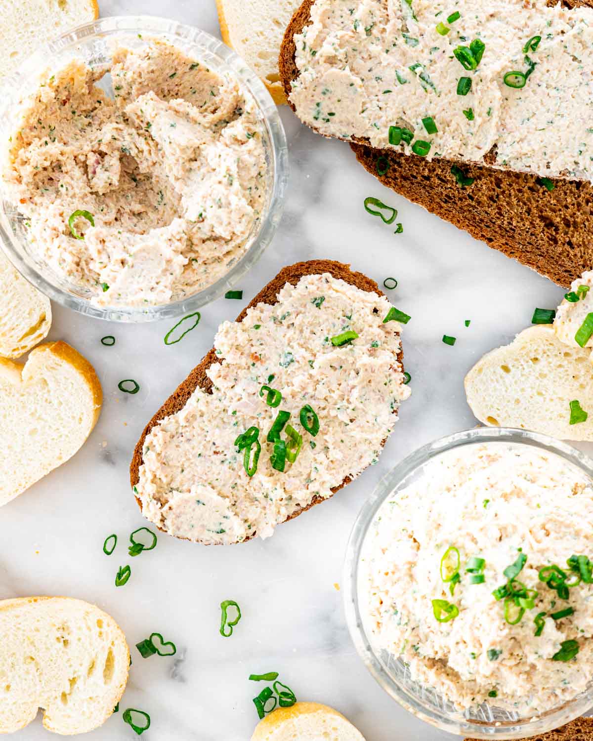 a few bread slices with deviled ham  and garnished with green onions