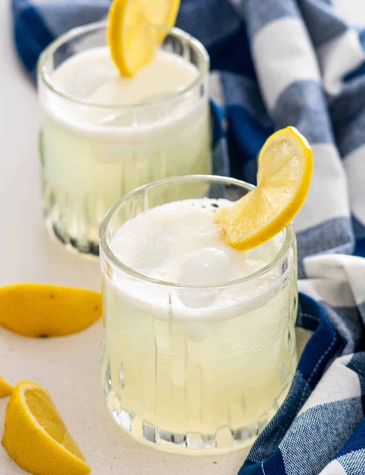 two glasses with gin fizz and garnished with lemon slice.