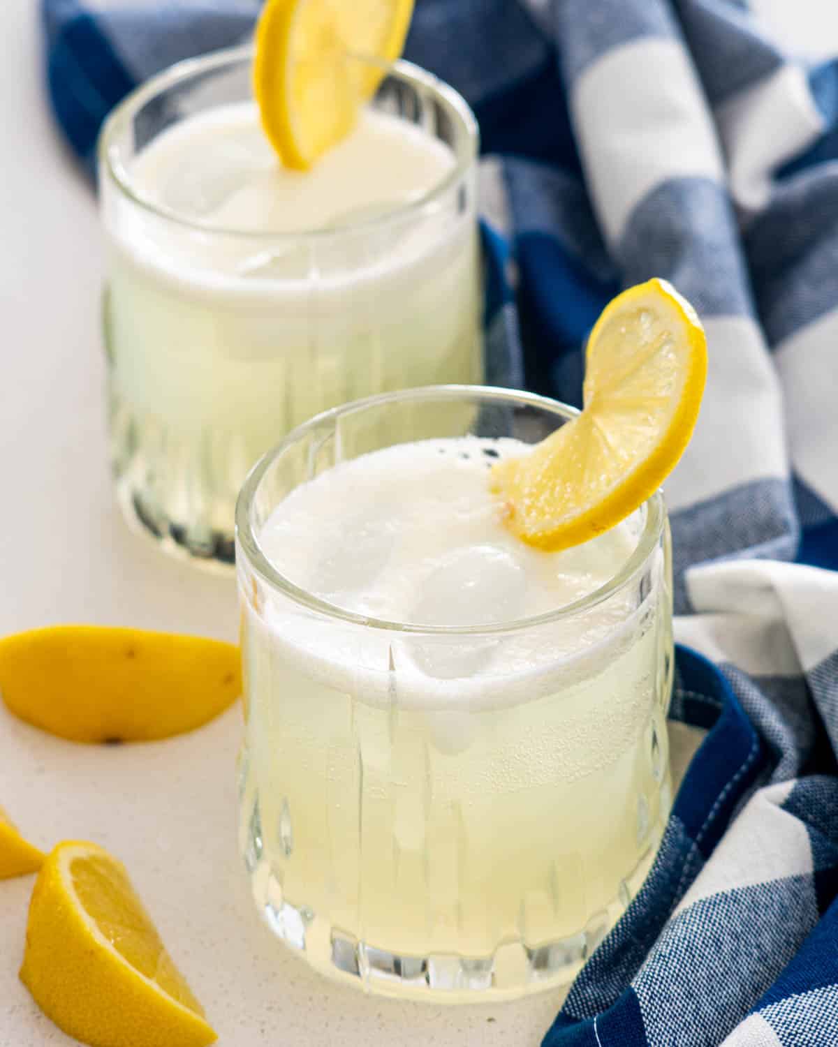 two glasses with gin fizz and garnished with lemon slice.