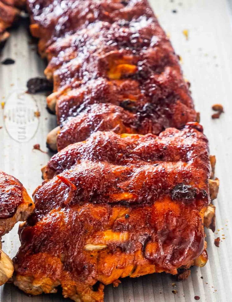 bbq ribs on a baking sheet.