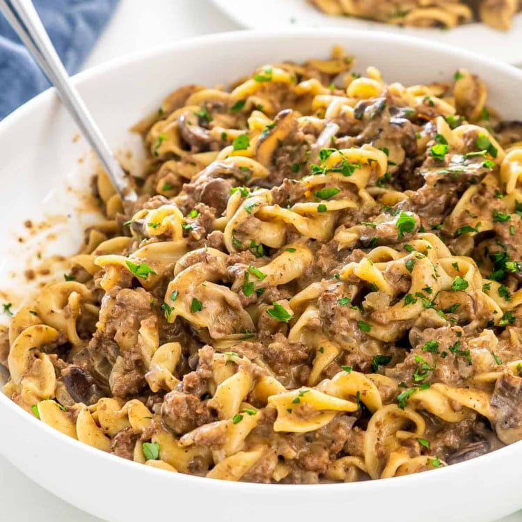 beef stroganoff in a white bowl with a serving spoon.