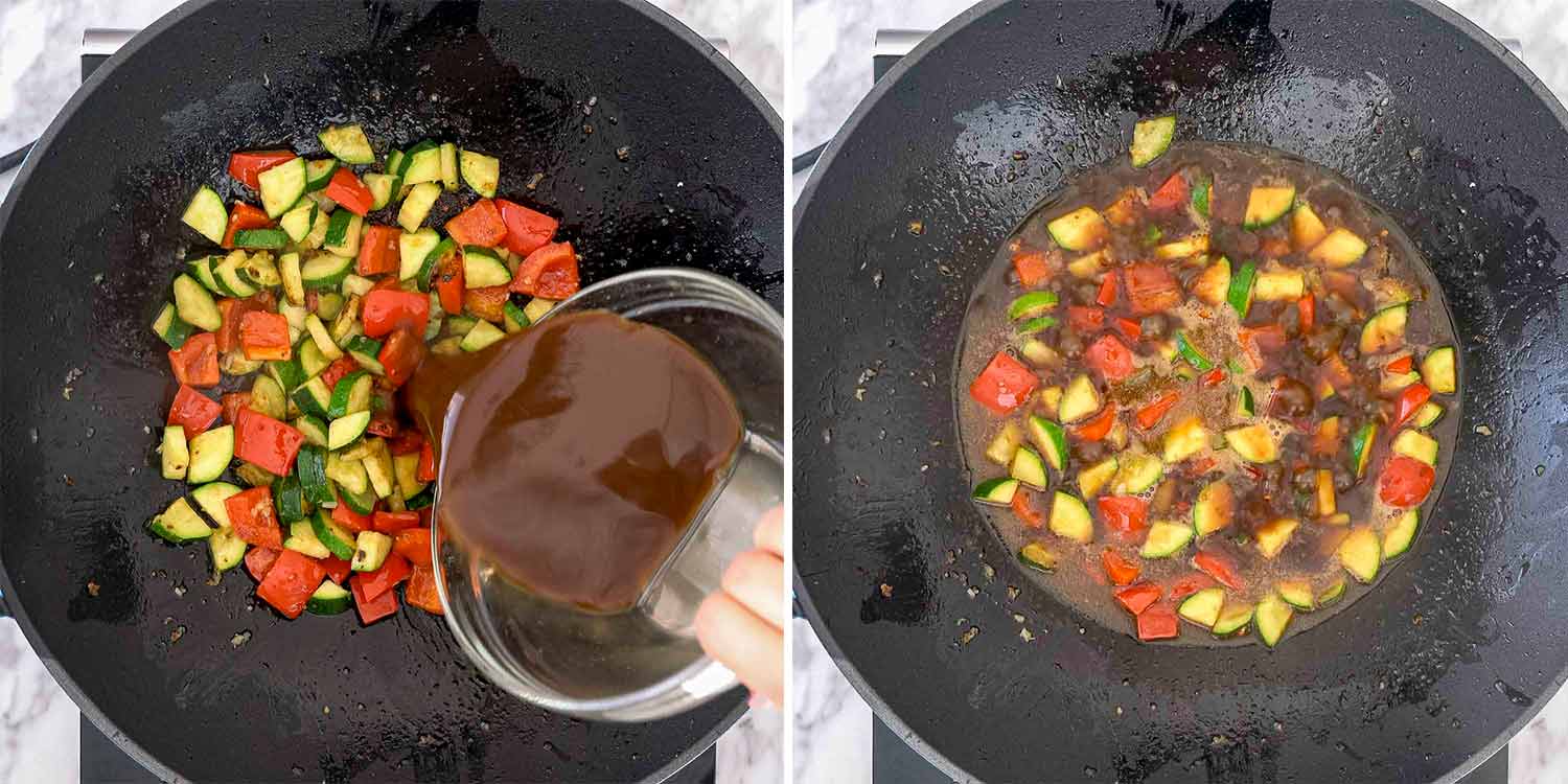 process shots showing how to make kung pao chicken.