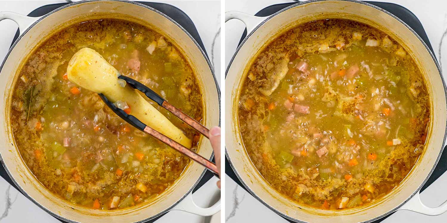 process shots showing how to make leftover ham and bean soup.