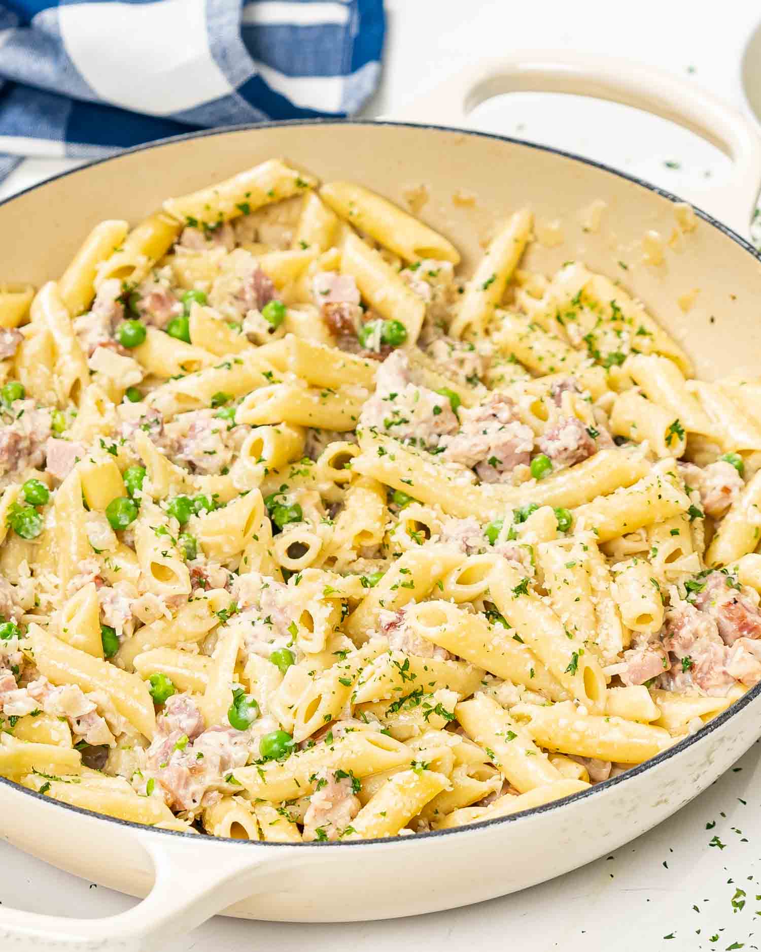 leftover ham and cheese penne in a dutch oven freshly made.