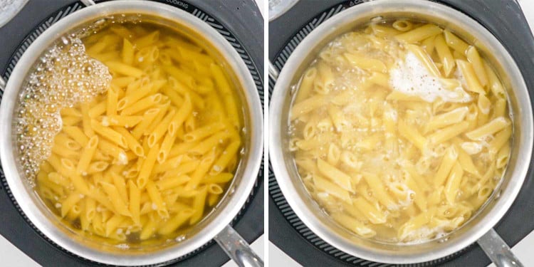 process shots showing how to make leftover ham and cheese penne.