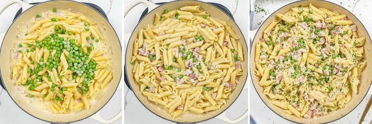 process shots showing how to make leftover ham and cheese penne.