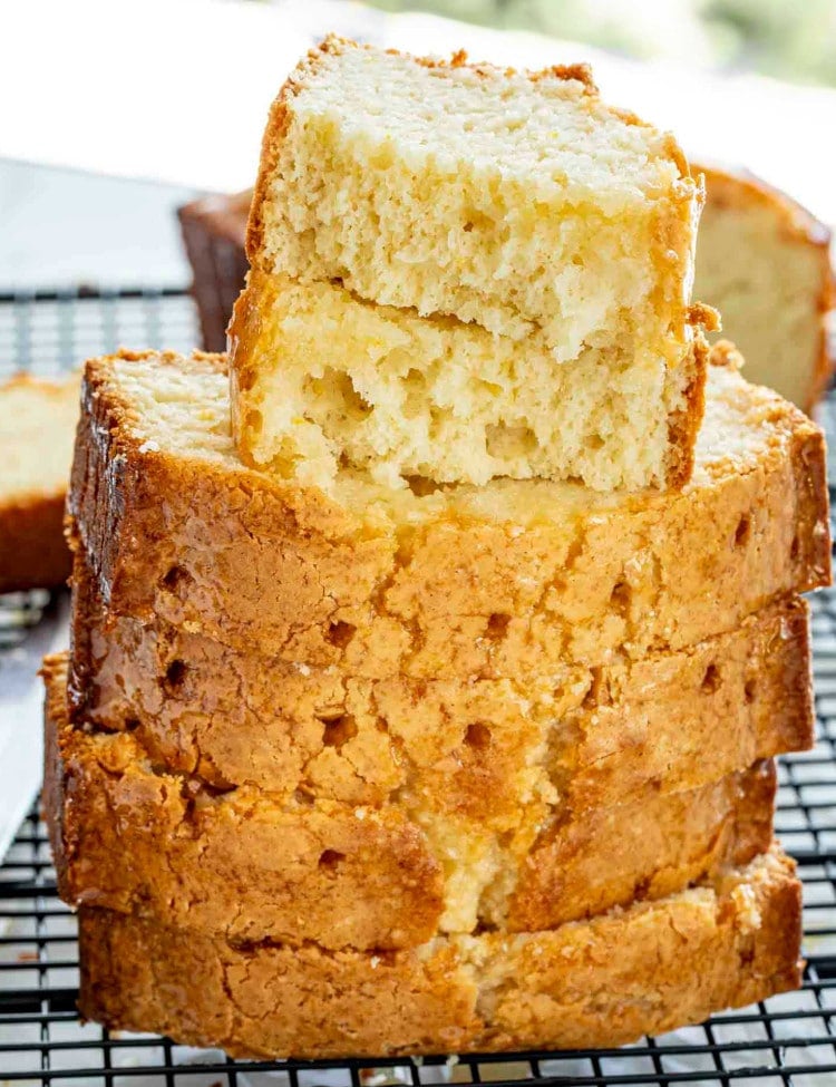 a stack of sliced lemon bread.