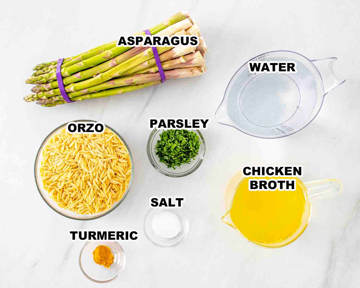 ingredients needed to make lemon orzo and asparagus.