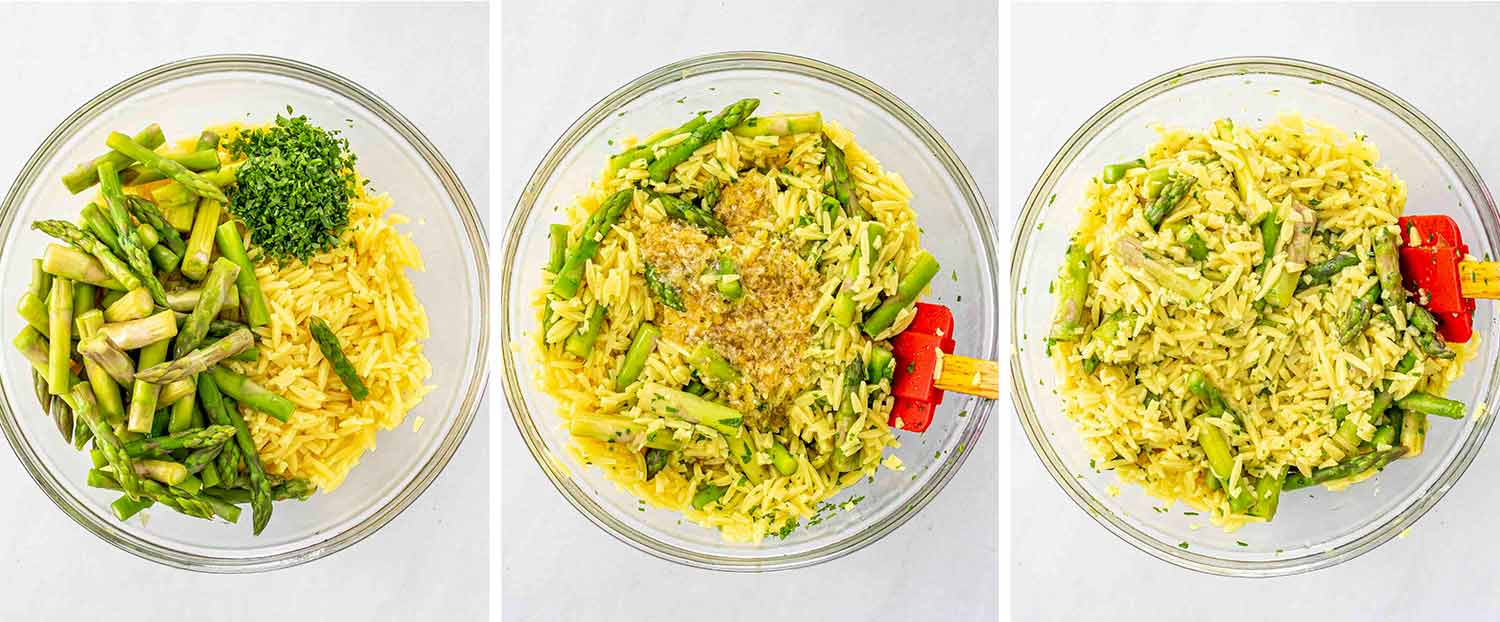 process shots showing how to make lemon orzo with asparagus.