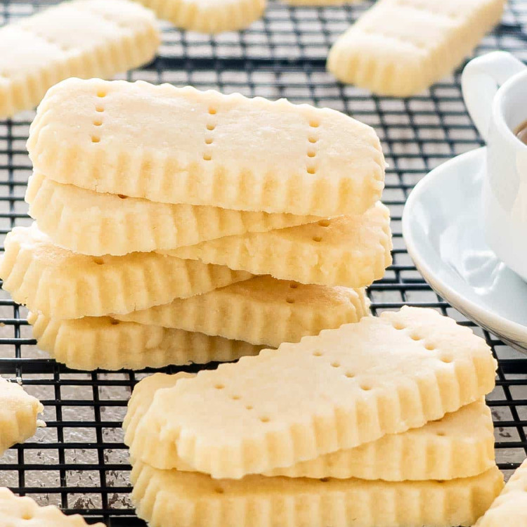 stacks of shortbread on a cooling rack.