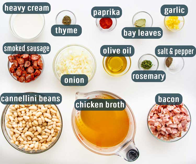 overhead shot of all the ingredients needed to make tuscan bean soup